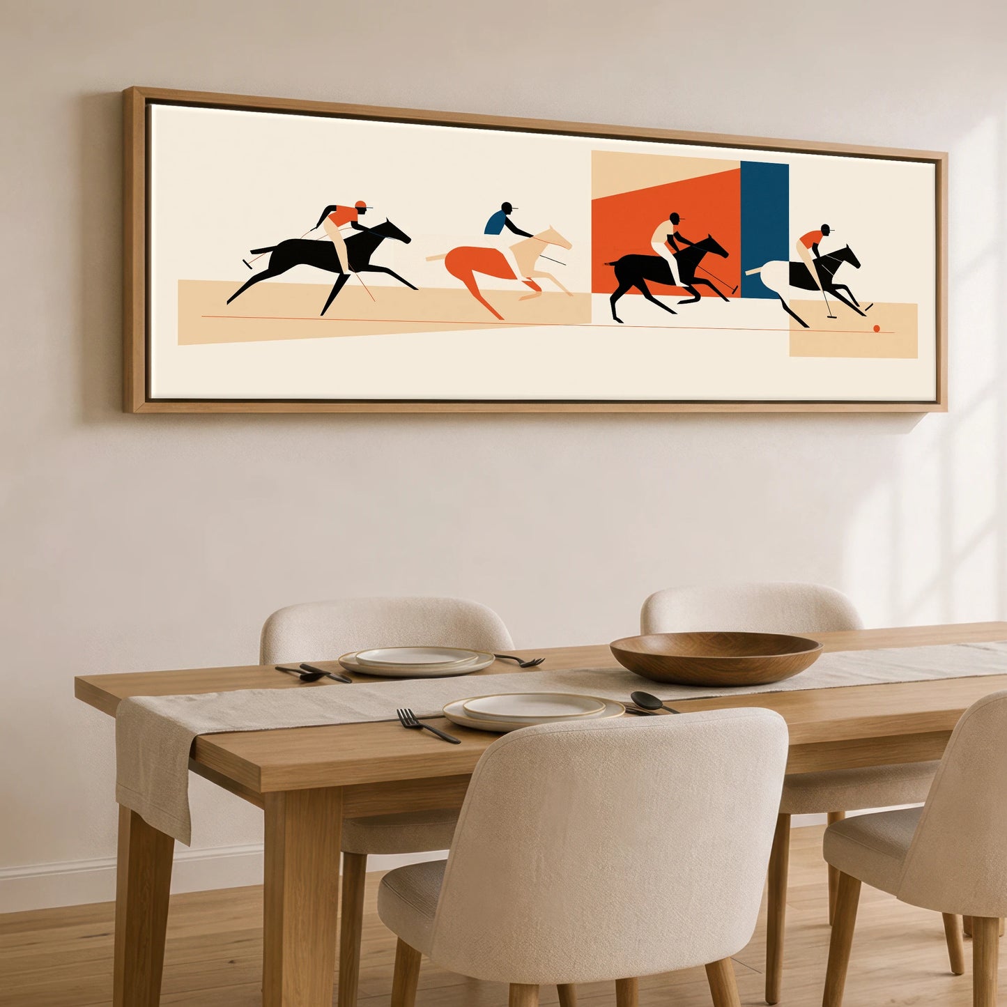 Retro Polo Pursuit Polo Horse panoramic canvas wall art displayed above a dining table