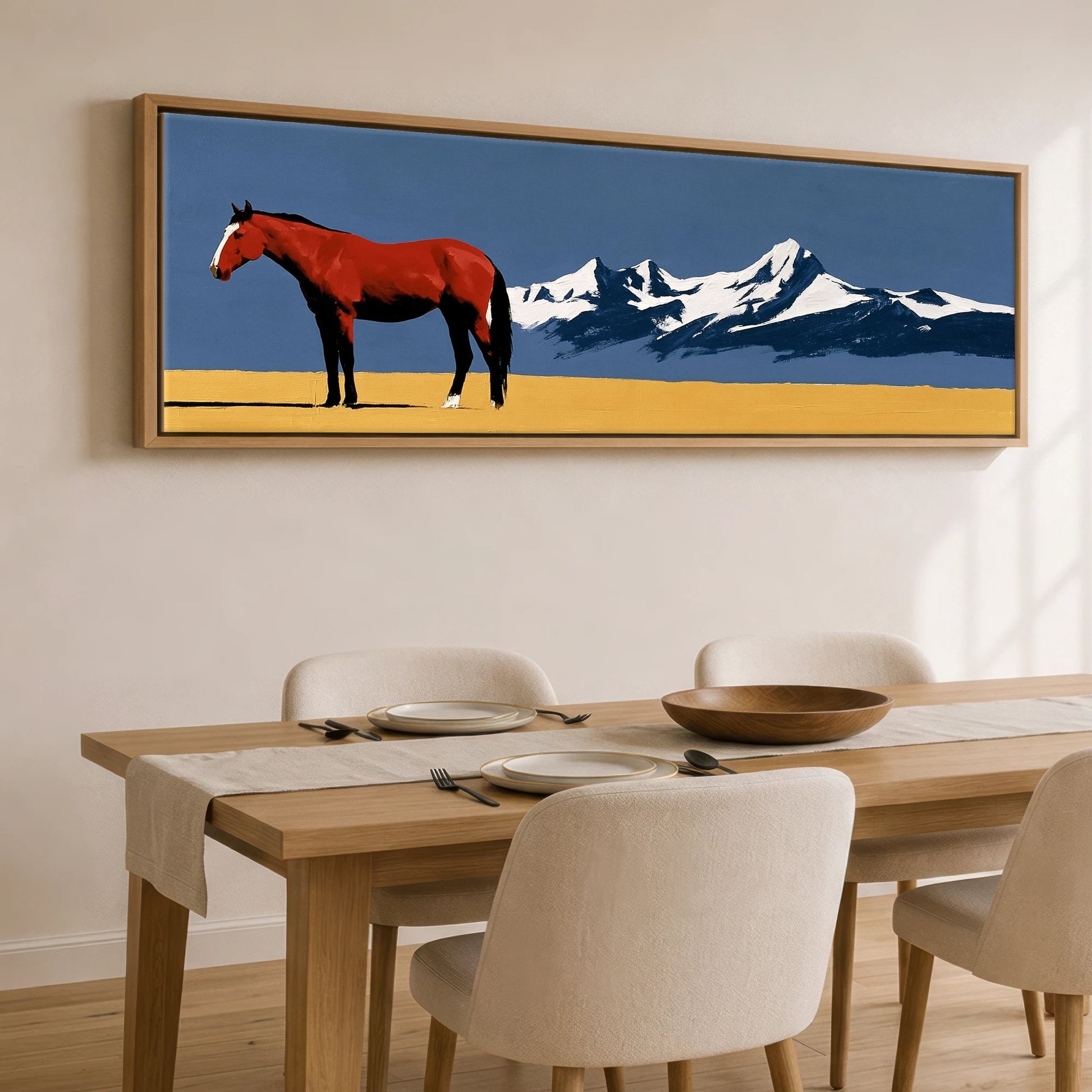 Scarlet Stallion Alpine Ridge Horse Landscape panoramic canvas wall art displayed above a dining table