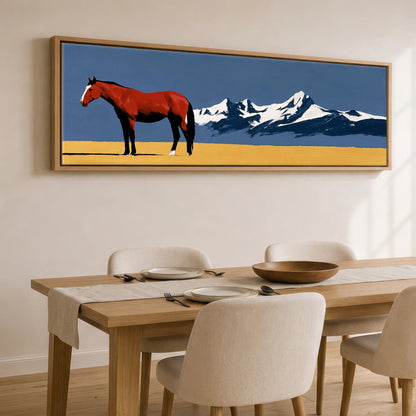 Scarlet Stallion Alpine Ridge Horse Landscape panoramic canvas wall art displayed above a dining table