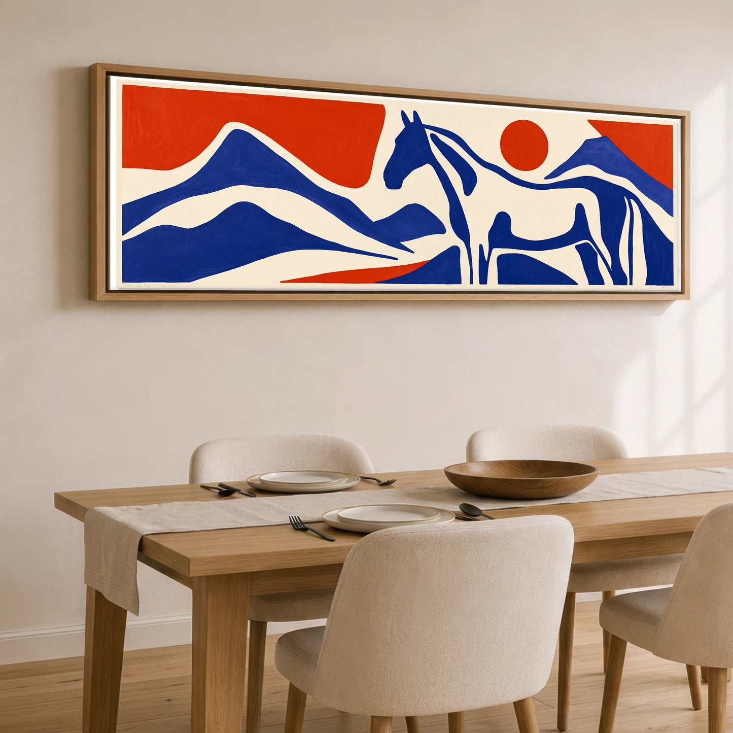 Cobalt Peaks Equine Horse Landscape panoramic canvas wall art displayed above a dining table