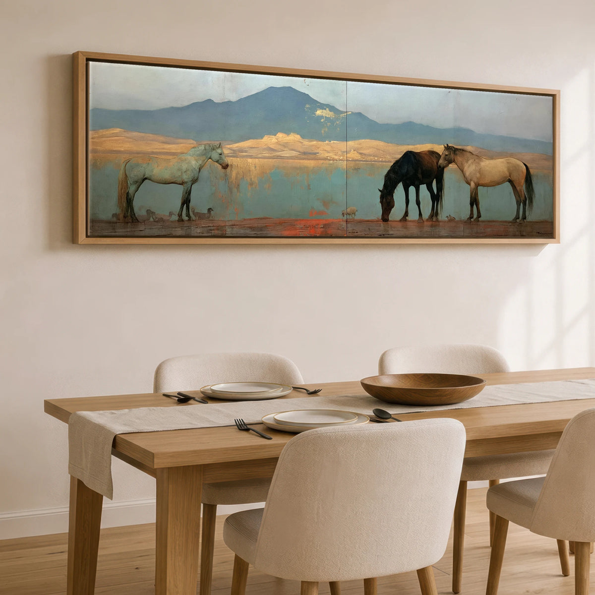 Gilded Shoreline Reflections Horse Landscape panoramic canvas wall art displayed above a dining table