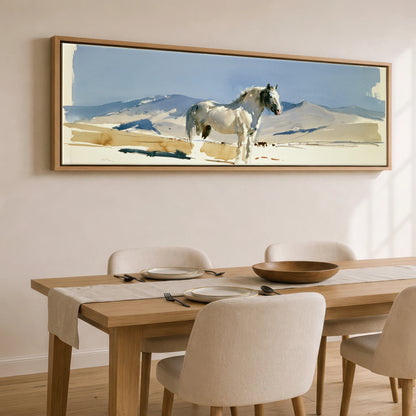 Stillness on the Range Horse Landscape panoramic canvas wall art displayed above a dining table