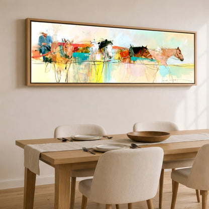 The Working String Working Horse panoramic canvas wall art displayed above a dining table