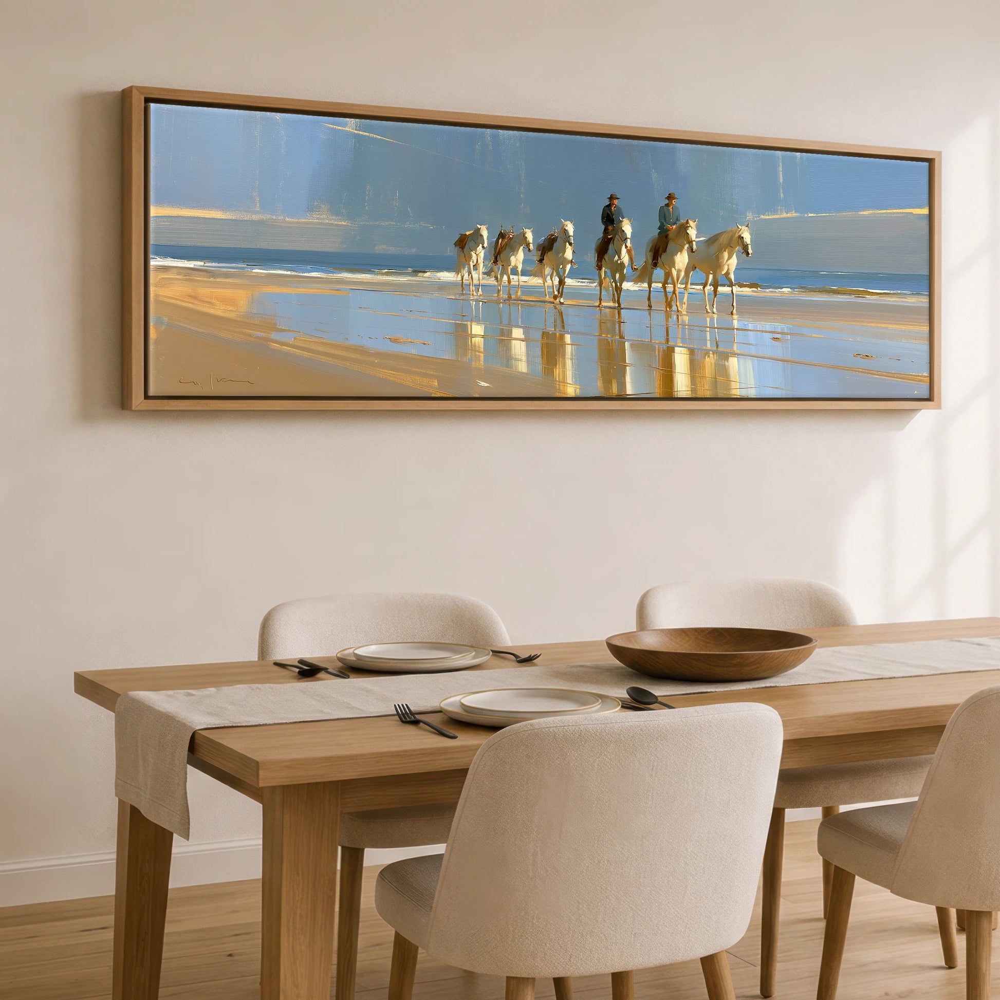 The Coastal String Horse Landscape panoramic canvas wall art displayed above a dining table