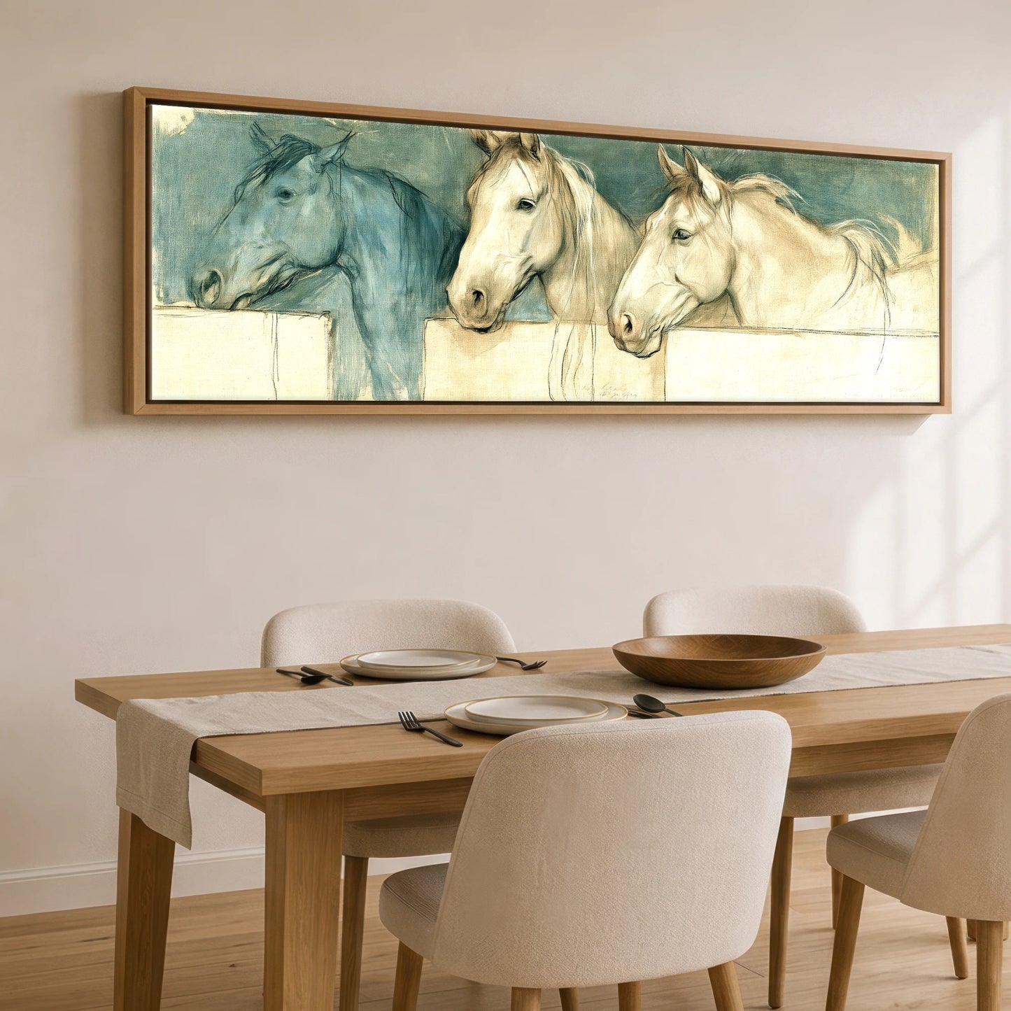 Over the Half Door Horse Stable panoramic canvas wall art displayed above a dining table