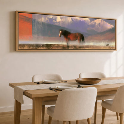 Sienna and Violet Haze Horse Landscape panoramic canvas wall art displayed above a dining table