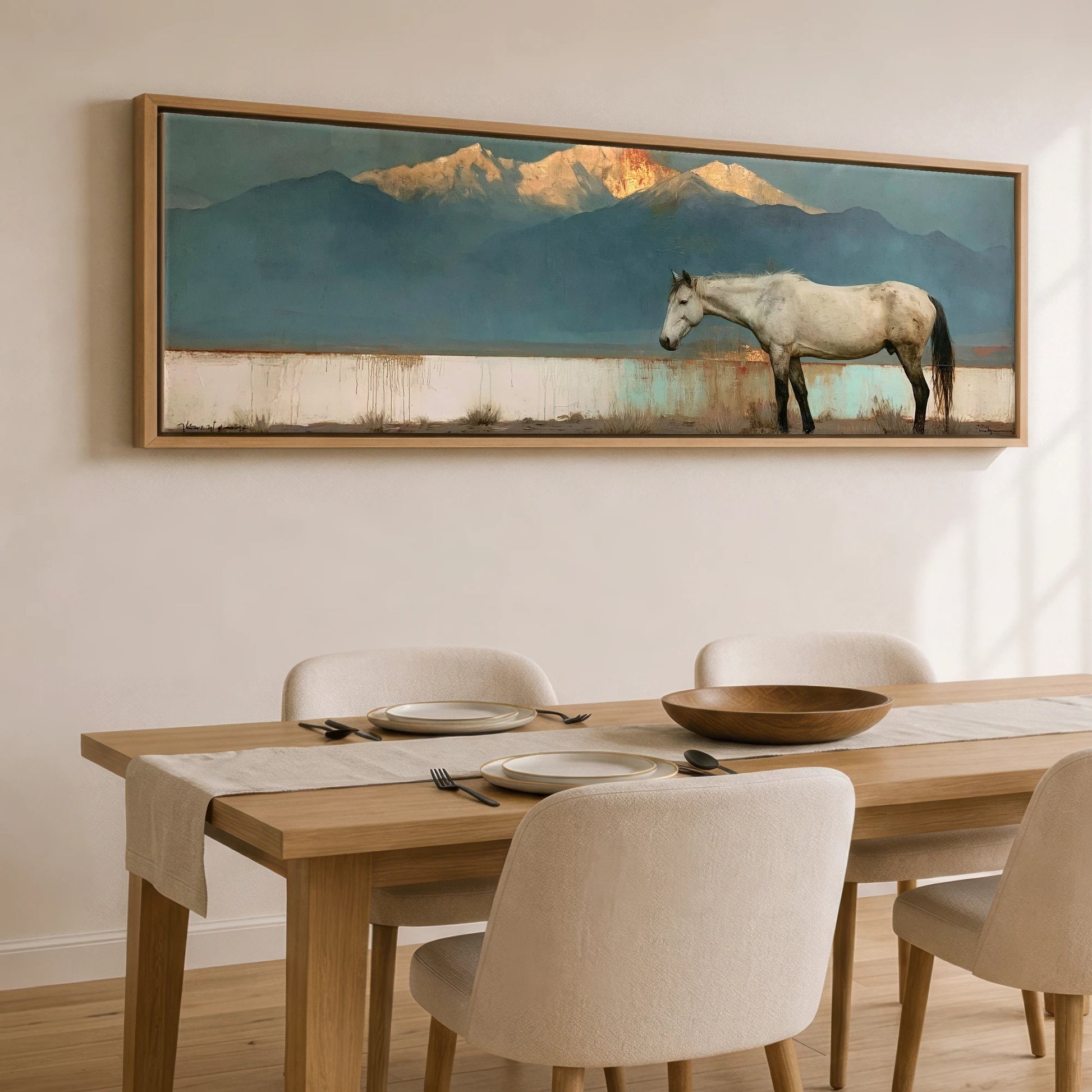 The Gilded Peak Horse Landscape panoramic canvas wall art displayed above a dining table
