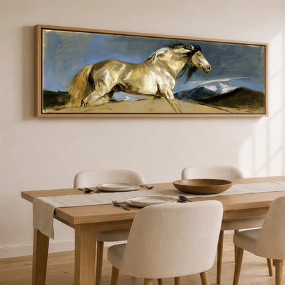 Wild Mountain Gallop Horse Landscape panoramic canvas wall art displayed above a dining table