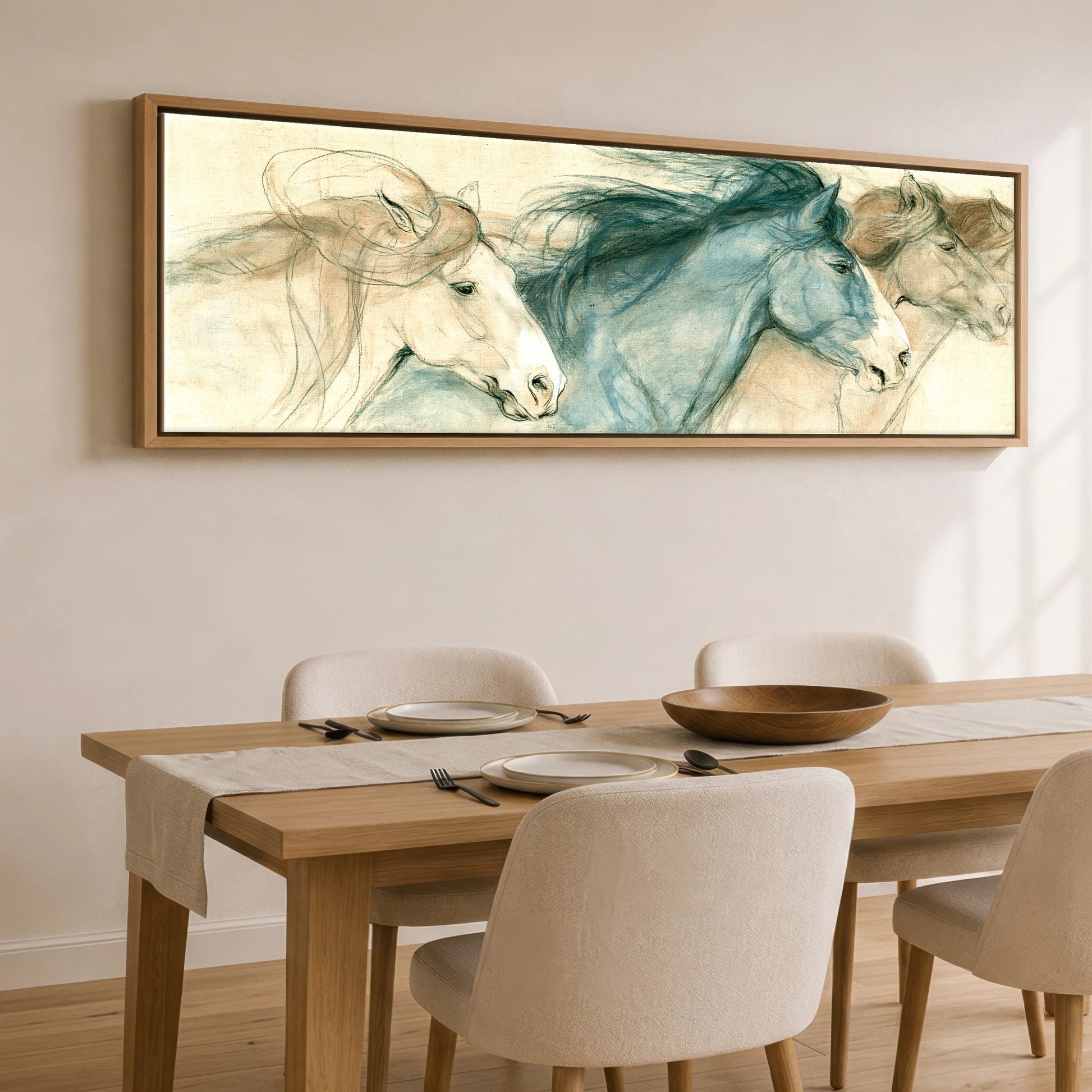 Windswept Equine Trio Horse Landscape panoramic canvas wall art displayed above a dining table