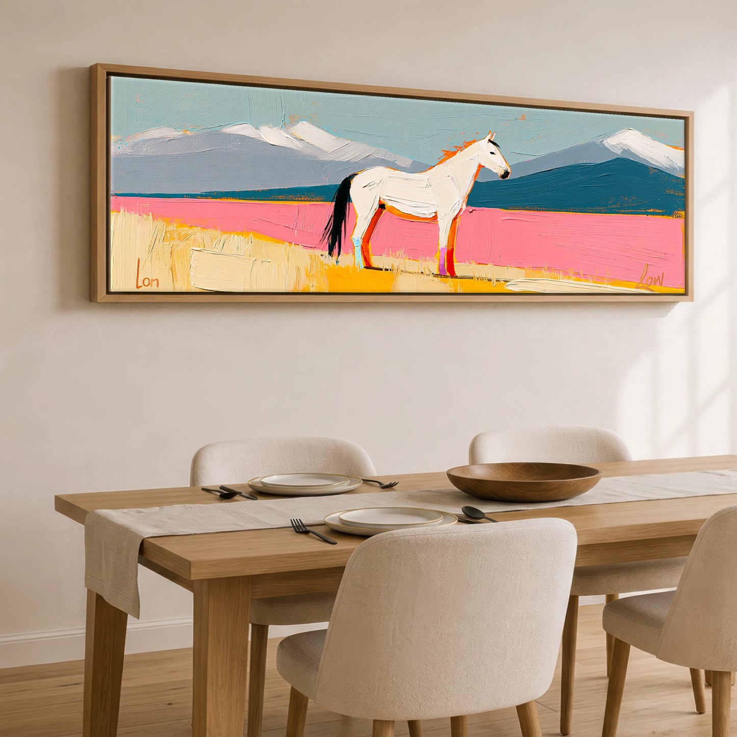 Vivid Equine Horizon Horse Landscape panoramic canvas wall art displayed above a dining table