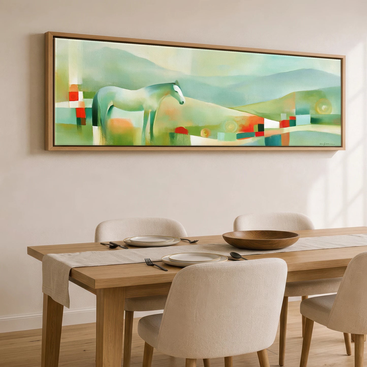 The Mint Horizon Horse Landscape panoramic canvas wall art displayed above a dining table