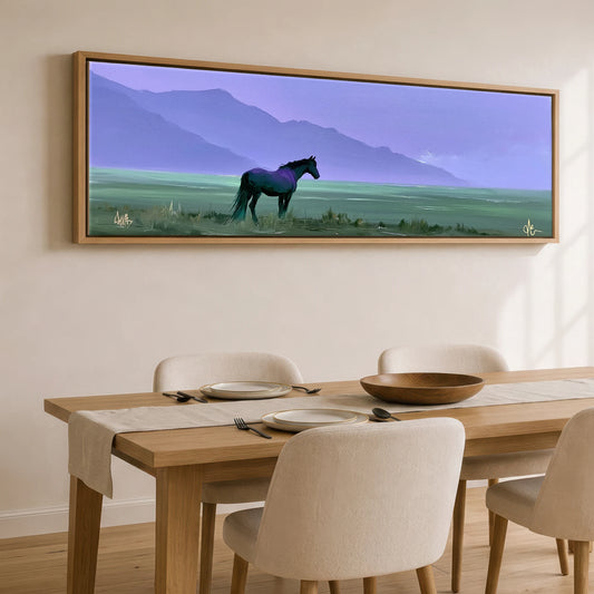 Dusk On The Violet Plain Horse Landscape panoramic canvas wall art displayed above a dining table