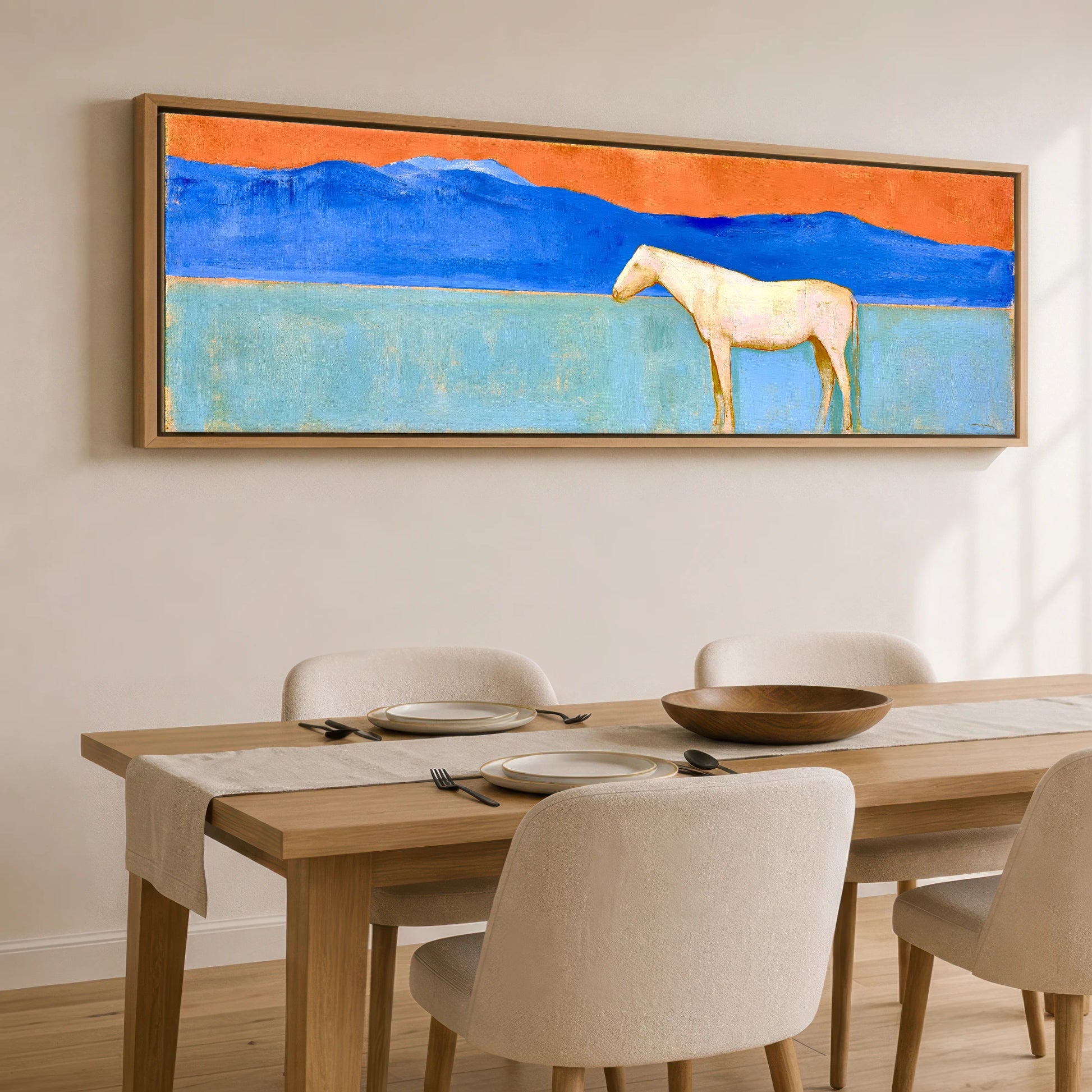 Terracotta Sky Solitude Horse Landscape panoramic canvas wall art displayed above a dining table