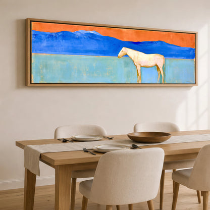 Terracotta Sky Solitude Horse Landscape panoramic canvas wall art displayed above a dining table
