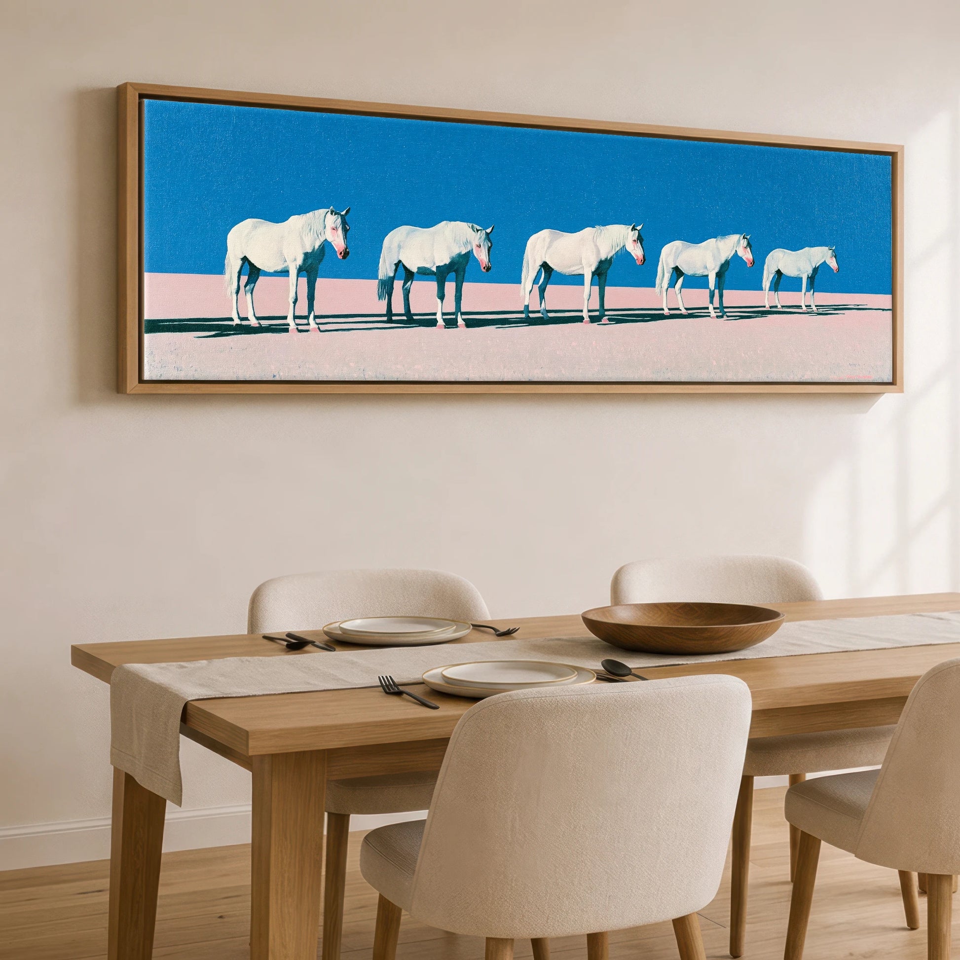 Rhythm in Azure Horse Landscape panoramic canvas wall art displayed above a dining table