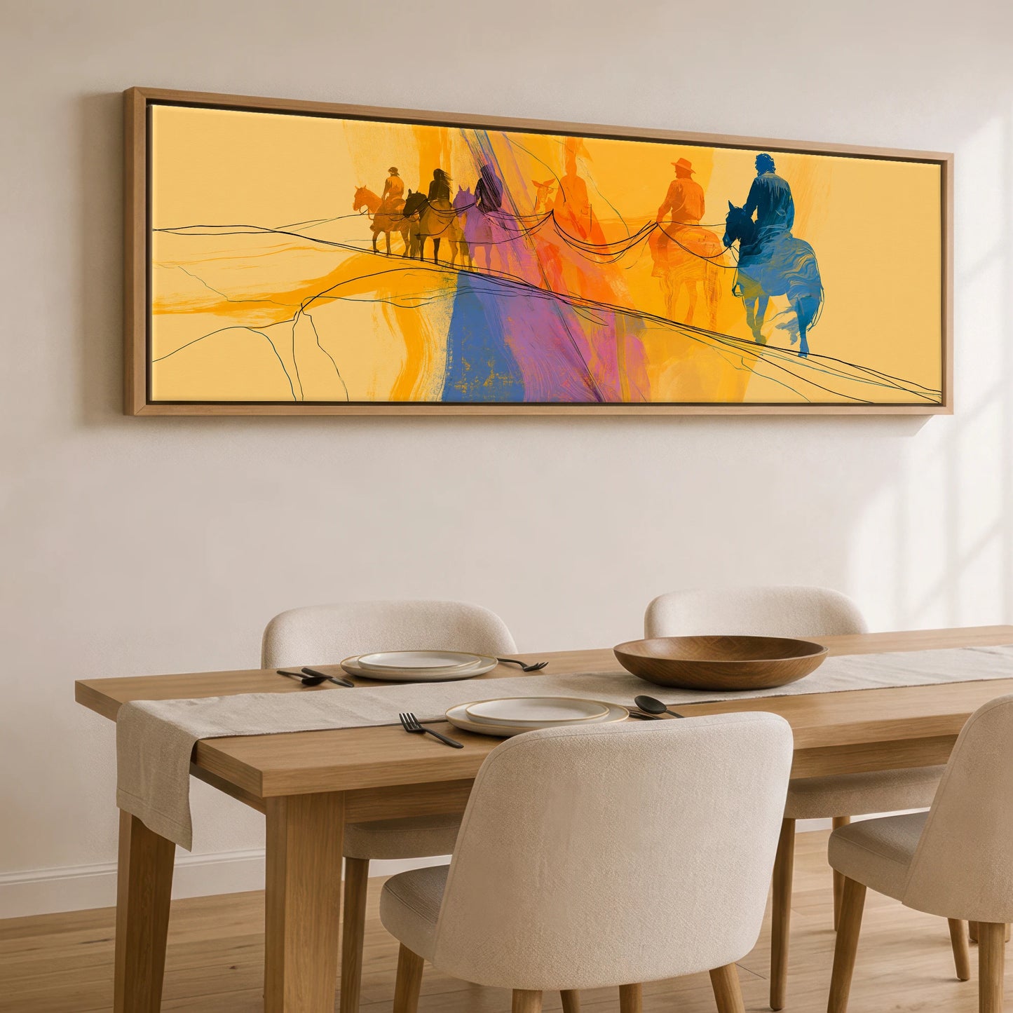 Vivid Horizon Horse & Rider panoramic canvas wall art displayed above a dining table