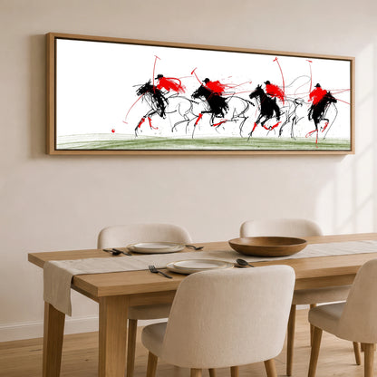The Scarlet Charge Polo Horse panoramic canvas wall art displayed above a dining table