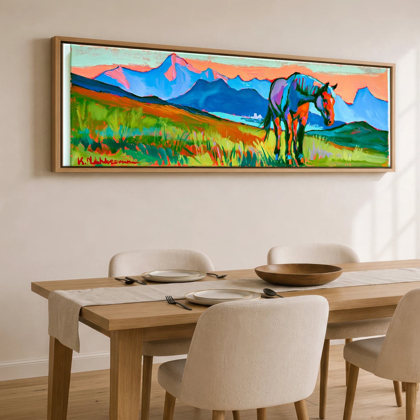 Technicolour Mountain Grazing Horse Landscape panoramic canvas wall art displayed above a dining table
