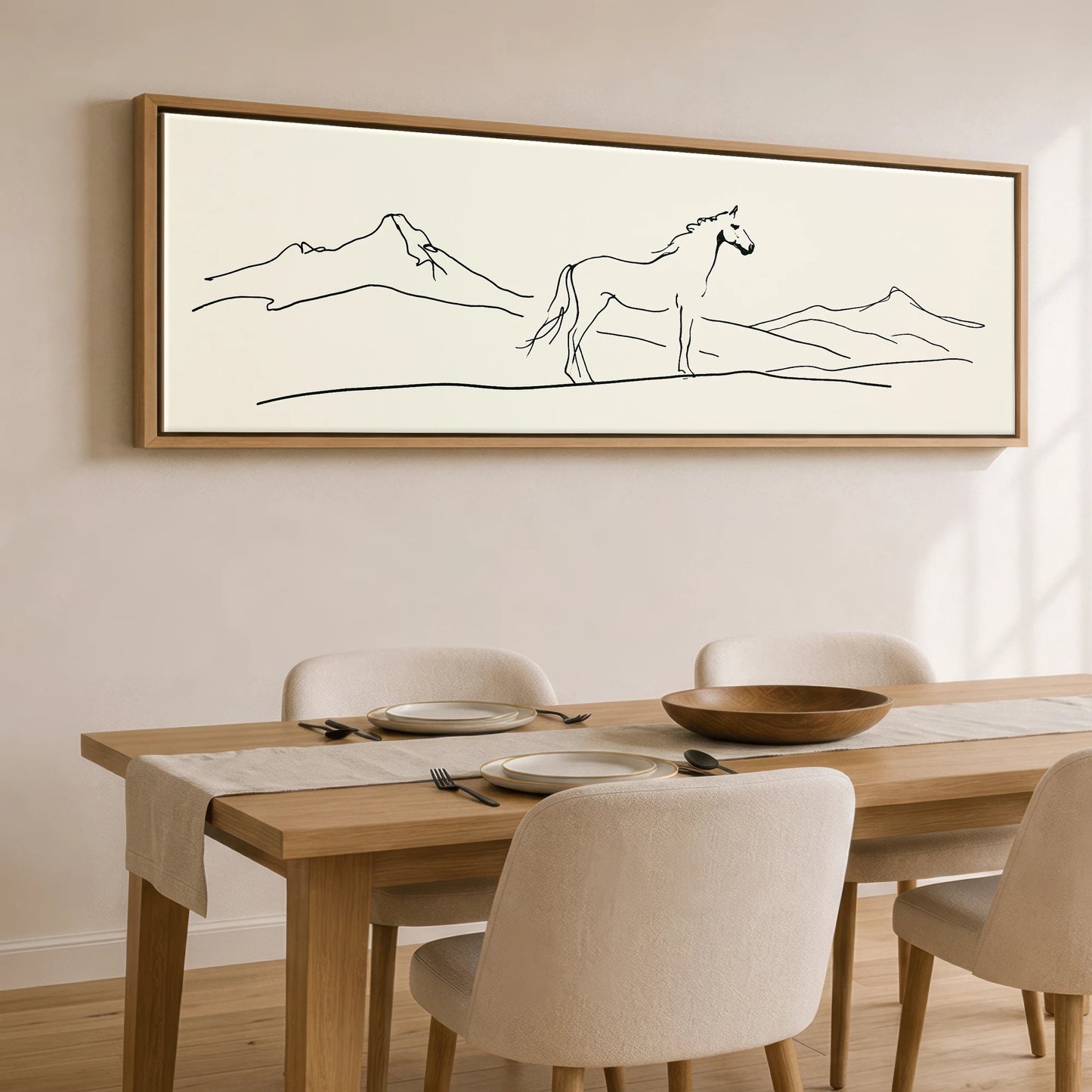 Minimalist Equine Horizon Horse Landscape panoramic canvas wall art displayed above a dining table