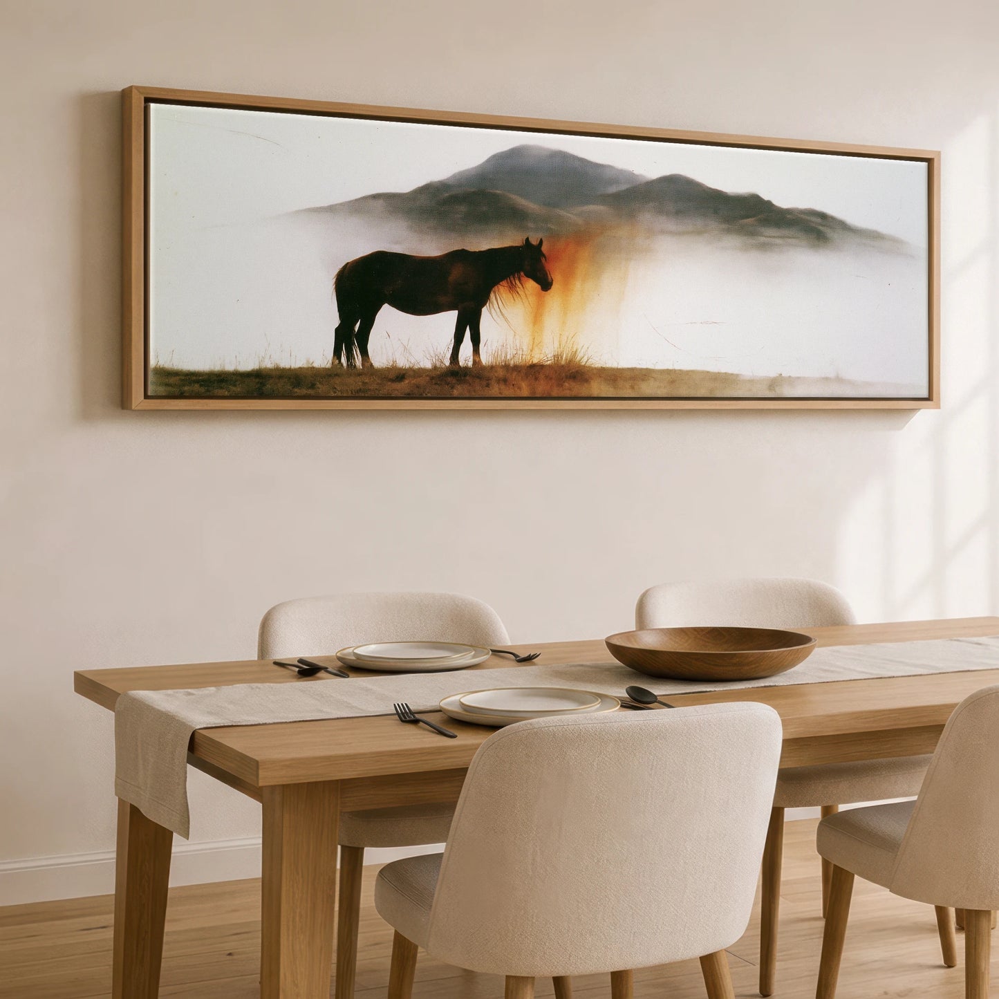 Ethereal Amber Mist Horse Landscape panoramic canvas wall art displayed above a dining table