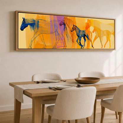 Cobalt and Amber Symphony Mare & Foal panoramic canvas wall art displayed above a dining table
