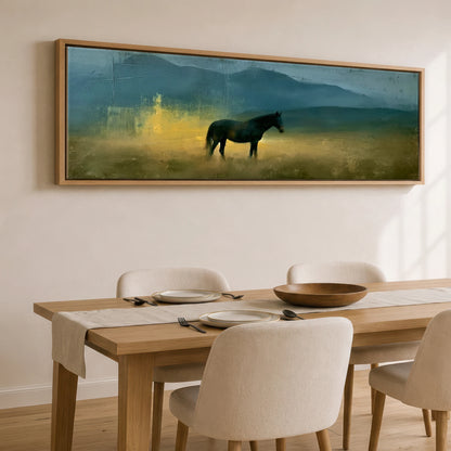 Echoes in Gold Horse Landscape panoramic canvas wall art displayed above a dining table