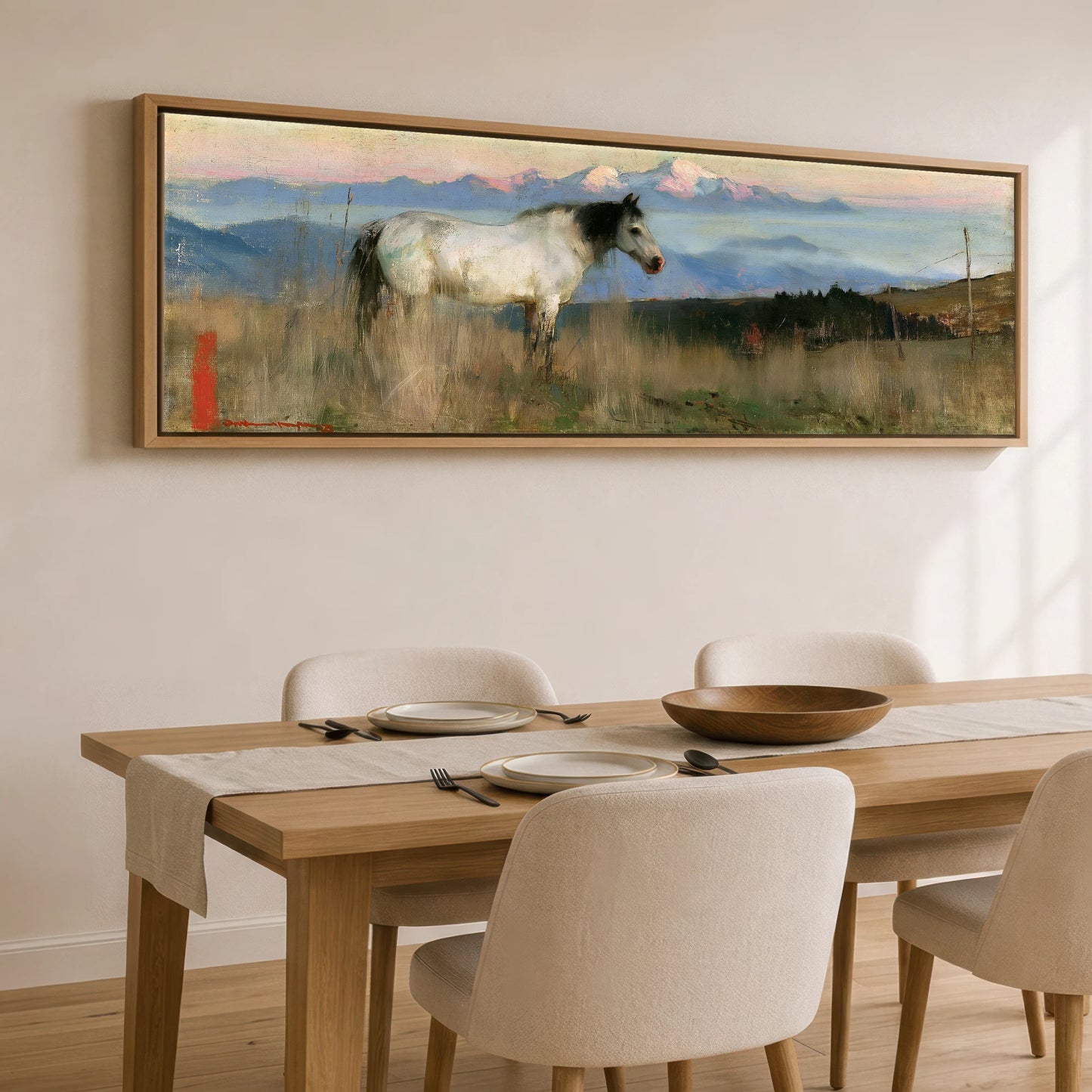 High Country Dawn Horse Landscape panoramic canvas wall art displayed above a dining table