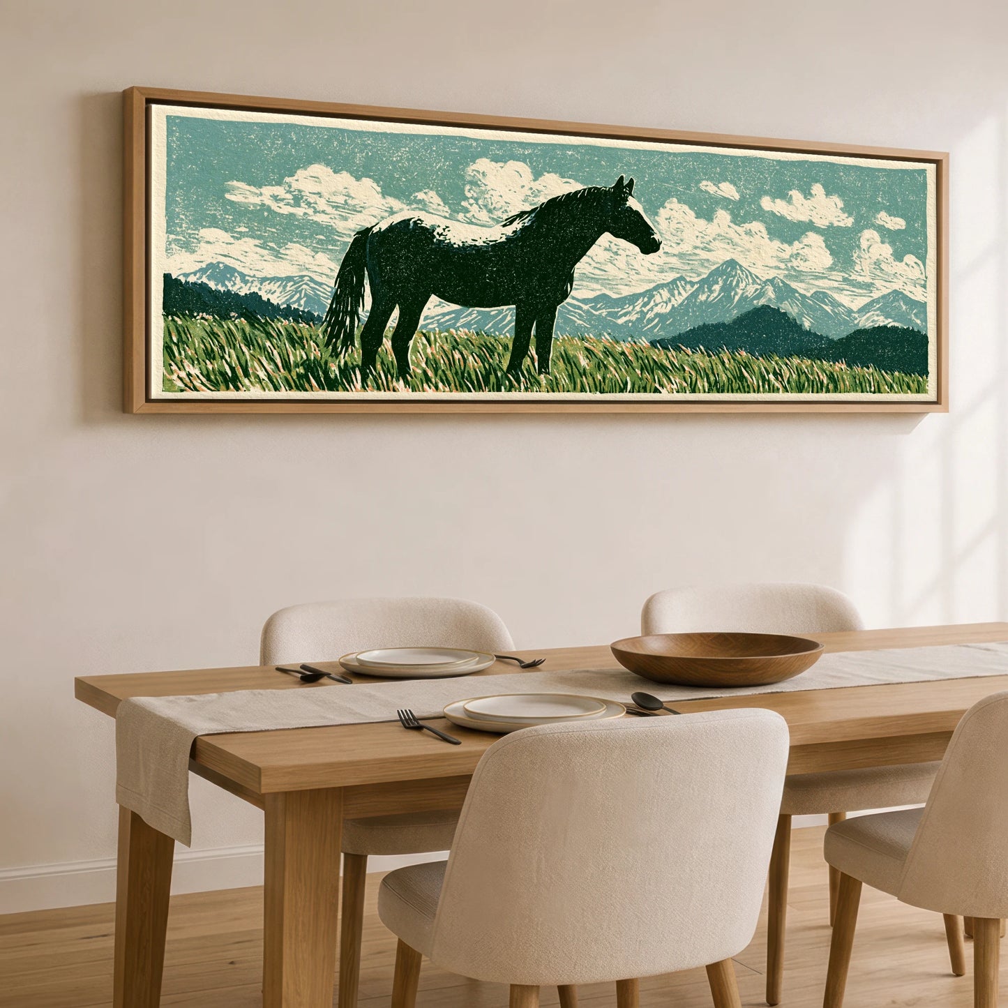 Rustic Range Silhouette Horse Landscape panoramic canvas wall art displayed above a dining table
