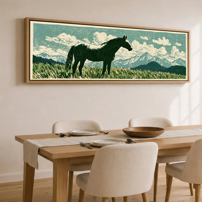 Rustic Range Silhouette Horse Landscape panoramic canvas wall art displayed above a dining table