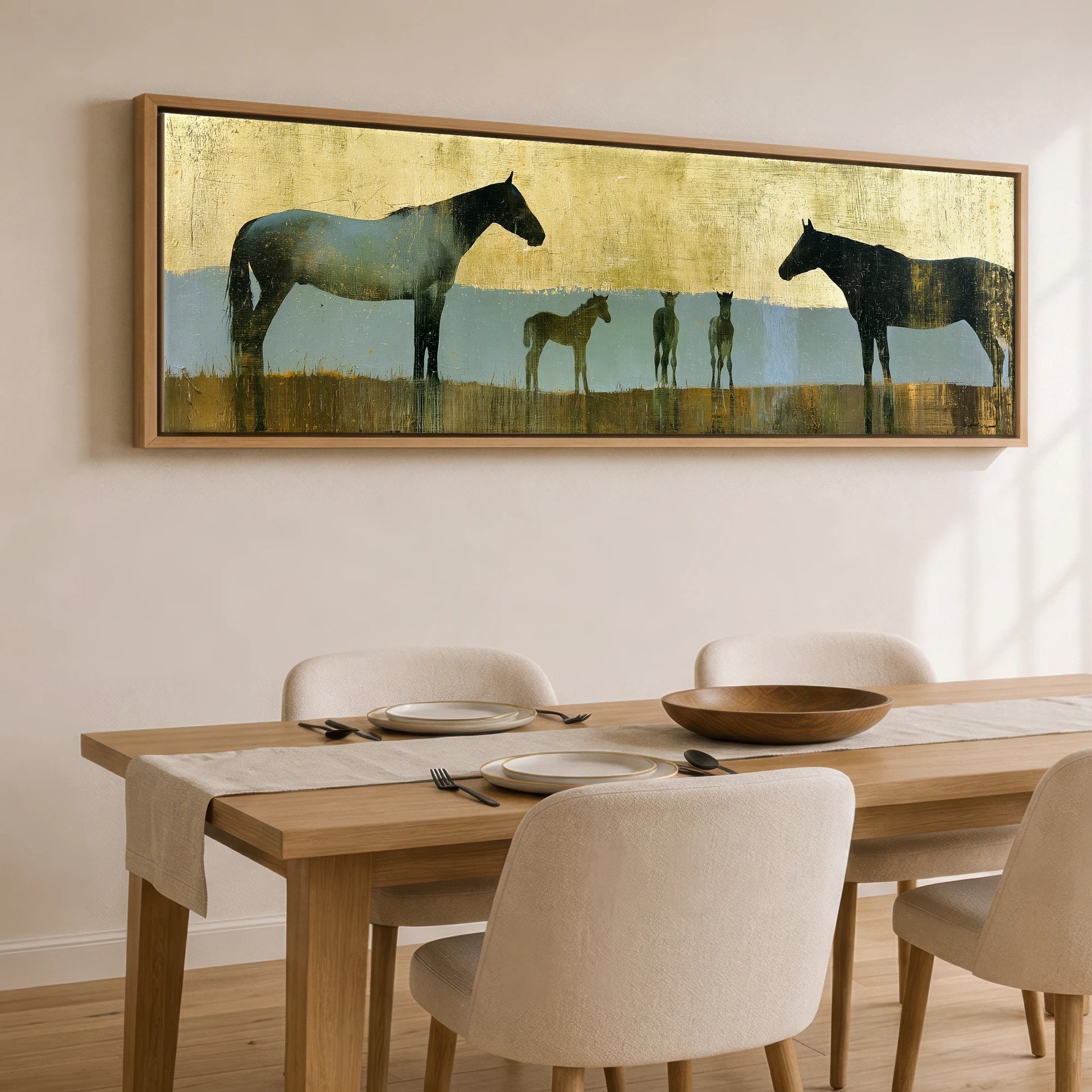 Gilded Pastures Mare & Foal panoramic canvas wall art displayed above a dining table