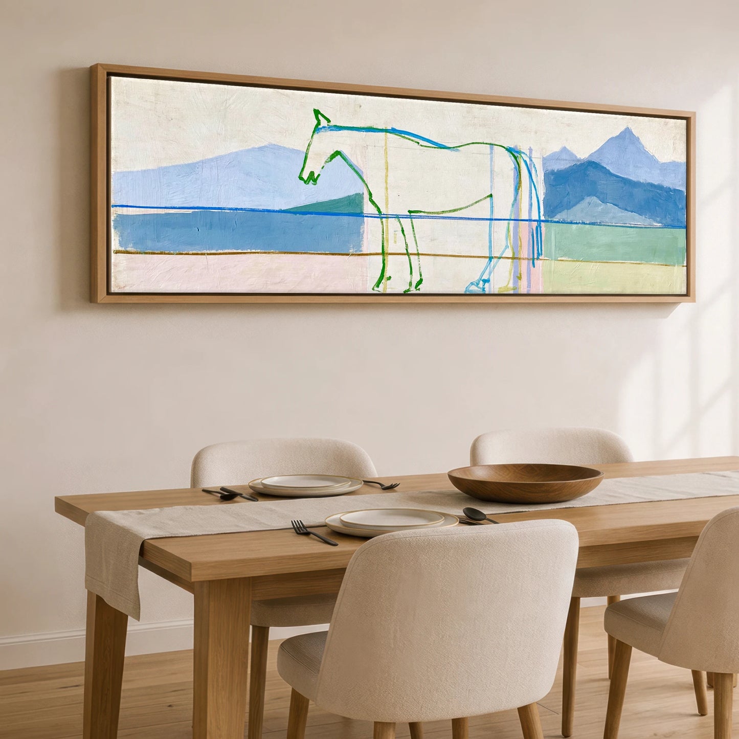 Architectural Equine Horizon Horse Landscape panoramic canvas wall art displayed above a dining table