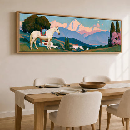 Valley of Dreams Horse Landscape panoramic canvas wall art displayed above a dining table