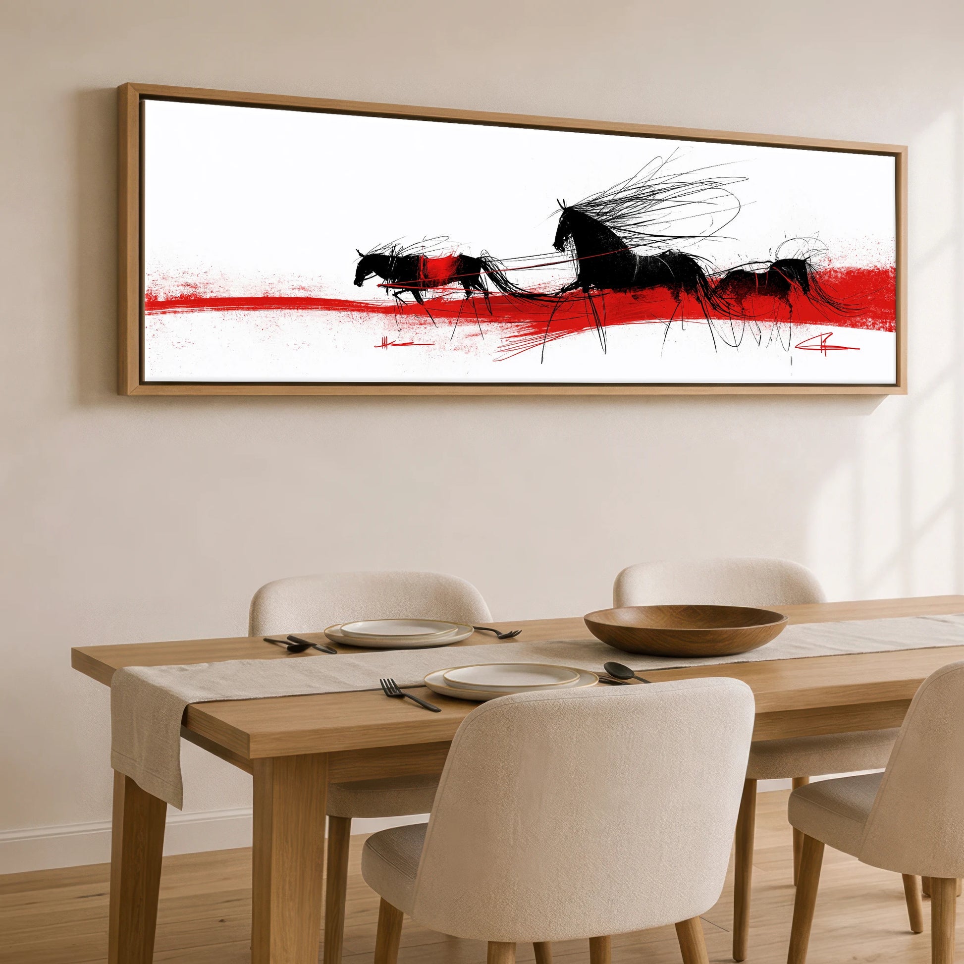 Crimson Traces Working Horse panoramic canvas wall art displayed above a dining table