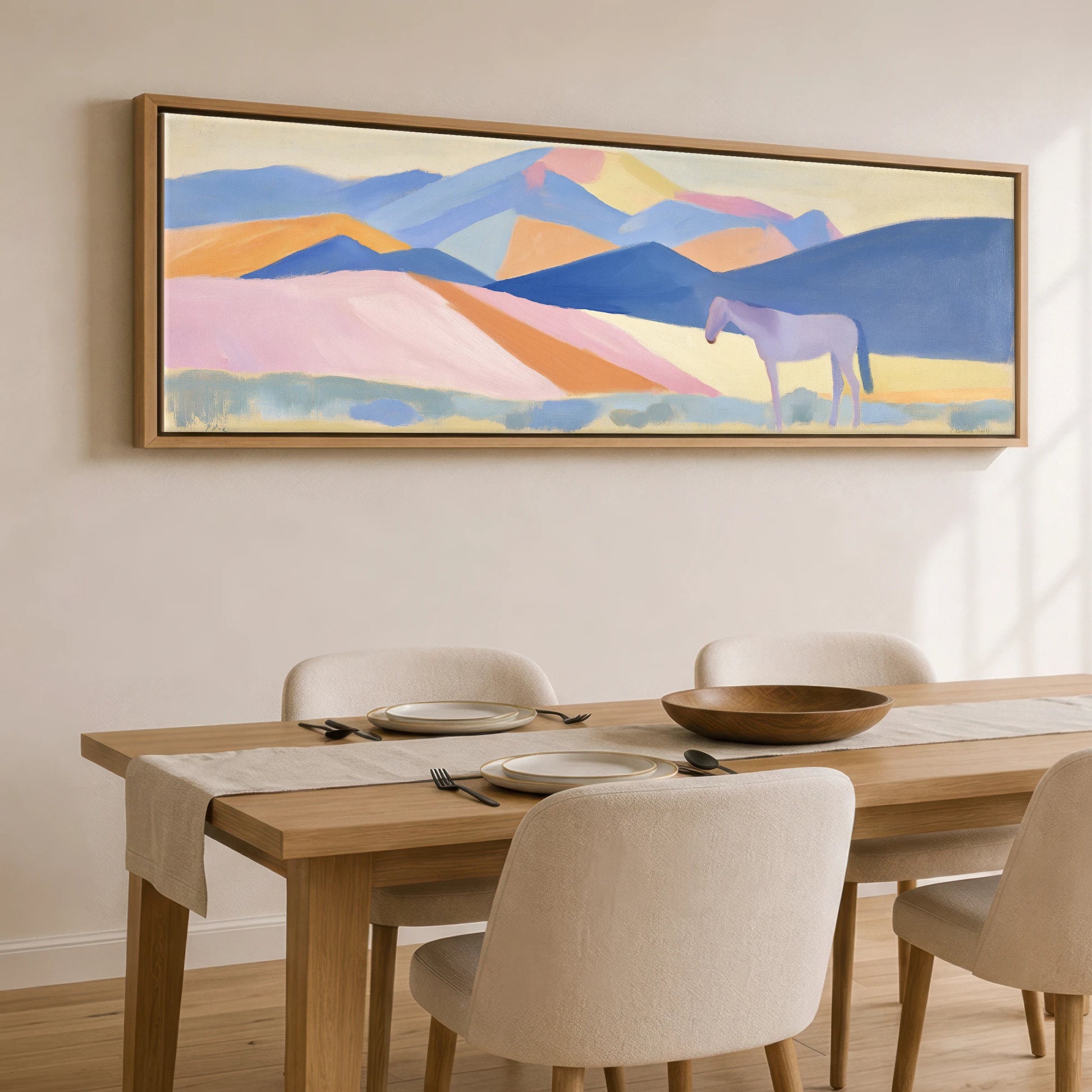 Lavender Mountain Horizon Horse Landscape panoramic canvas wall art displayed above a dining table