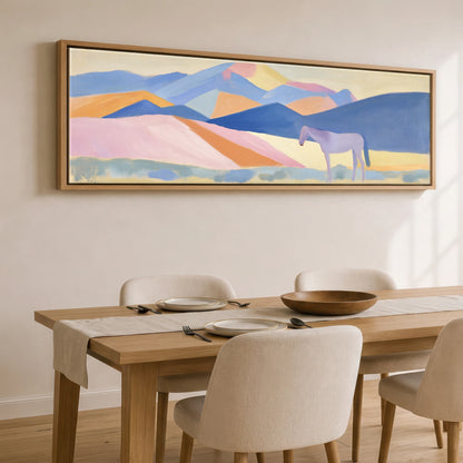 Lavender Mountain Horizon Horse Landscape panoramic canvas wall art displayed above a dining table