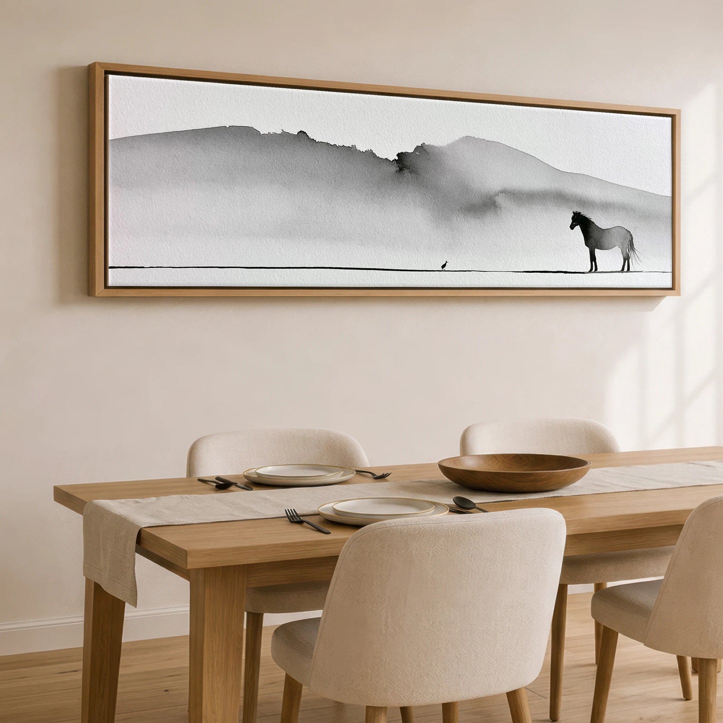 Solitude in Ink Horse Landscape panoramic canvas wall art displayed above a dining table