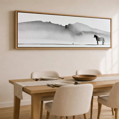 Solitude in Ink Horse Landscape panoramic canvas wall art displayed above a dining table