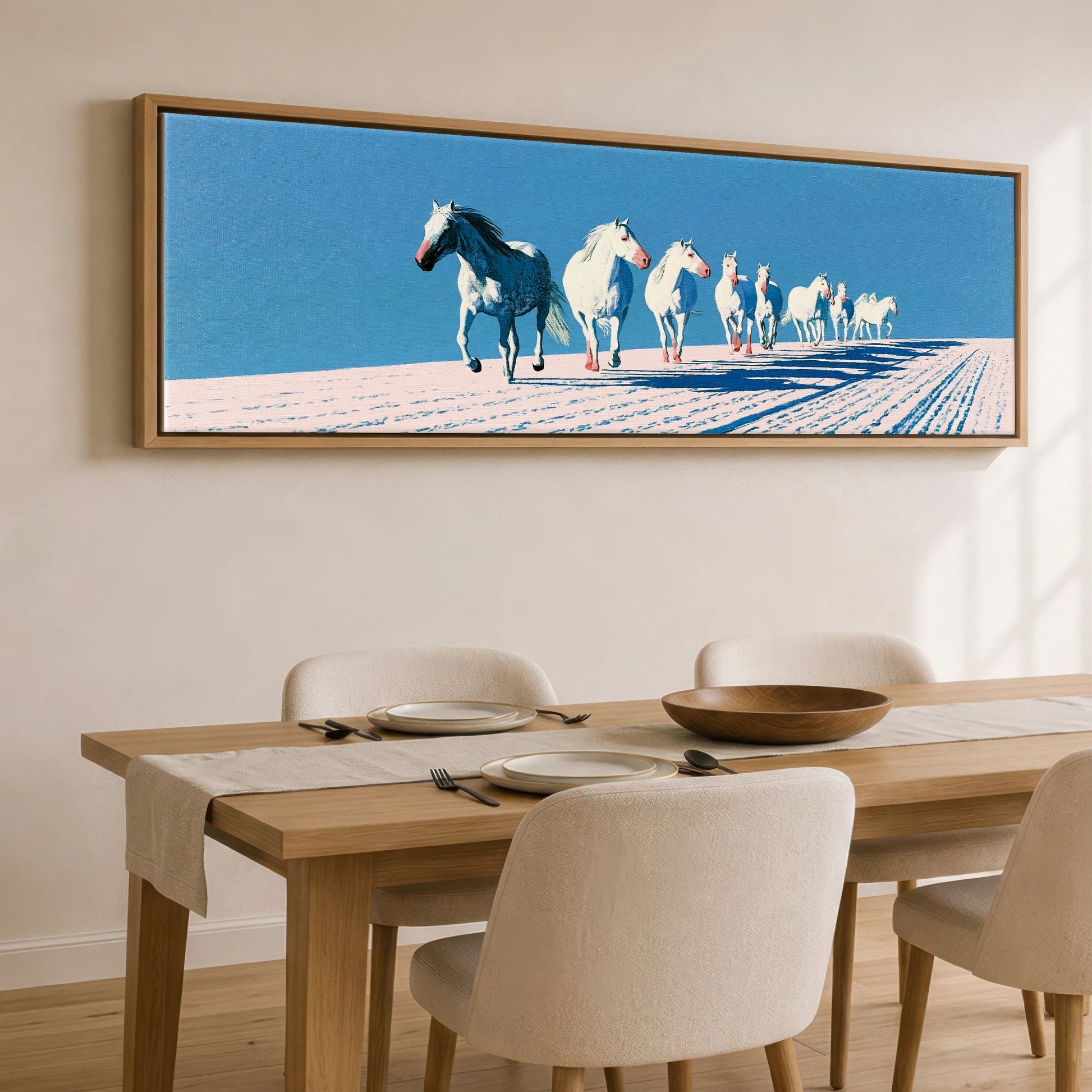 Azure Winter Gallop Horse Landscape panoramic canvas wall art displayed above a dining table