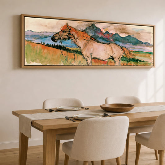 Mountain Spirit in Ochre Horse Landscape panoramic canvas wall art displayed above a dining table