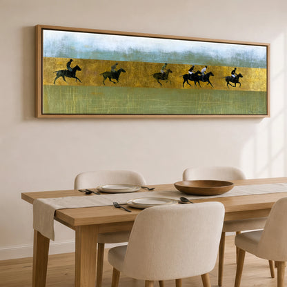 Gilded Pursuit Polo Horse panoramic canvas wall art displayed above a dining table