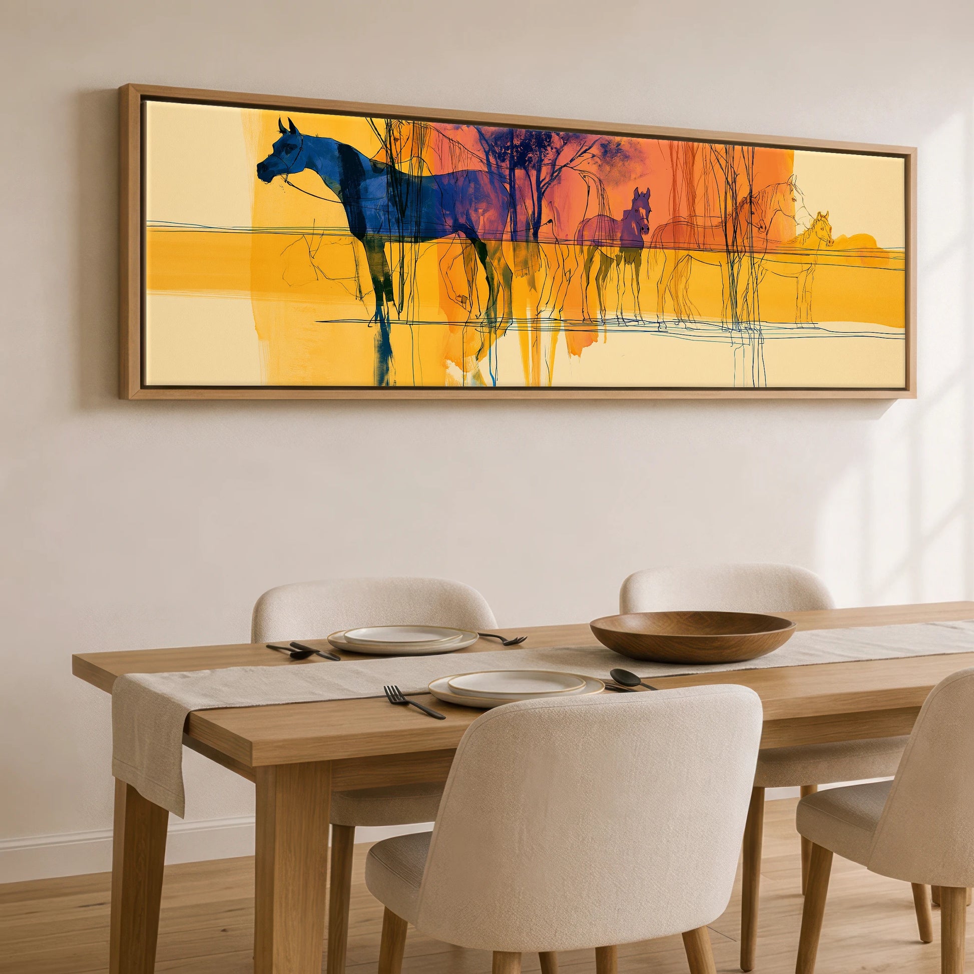 Cobalt and Gold Mirage Beach Horse panoramic canvas wall art displayed above a dining table
