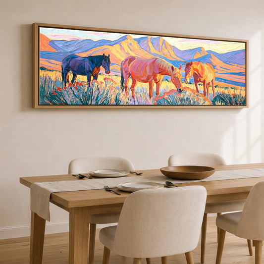 Vibrant Mountain Pasture Horse Landscape panoramic canvas wall art displayed above a dining table