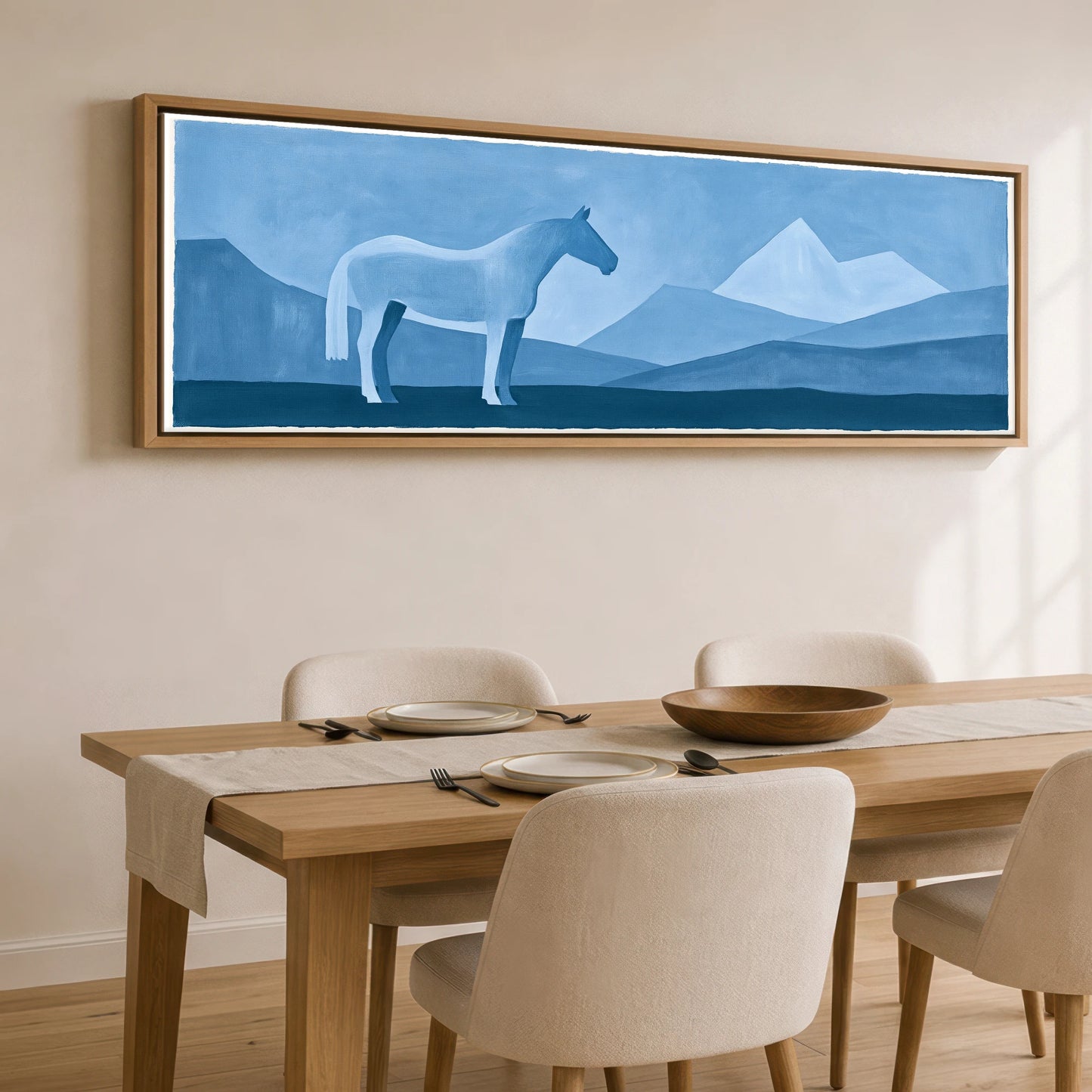 Azure Mountain Stillness Horse Landscape panoramic canvas wall art displayed above a dining table