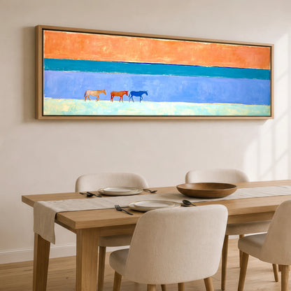 Horizon Wanderers Beach Horse panoramic canvas wall art displayed above a dining table