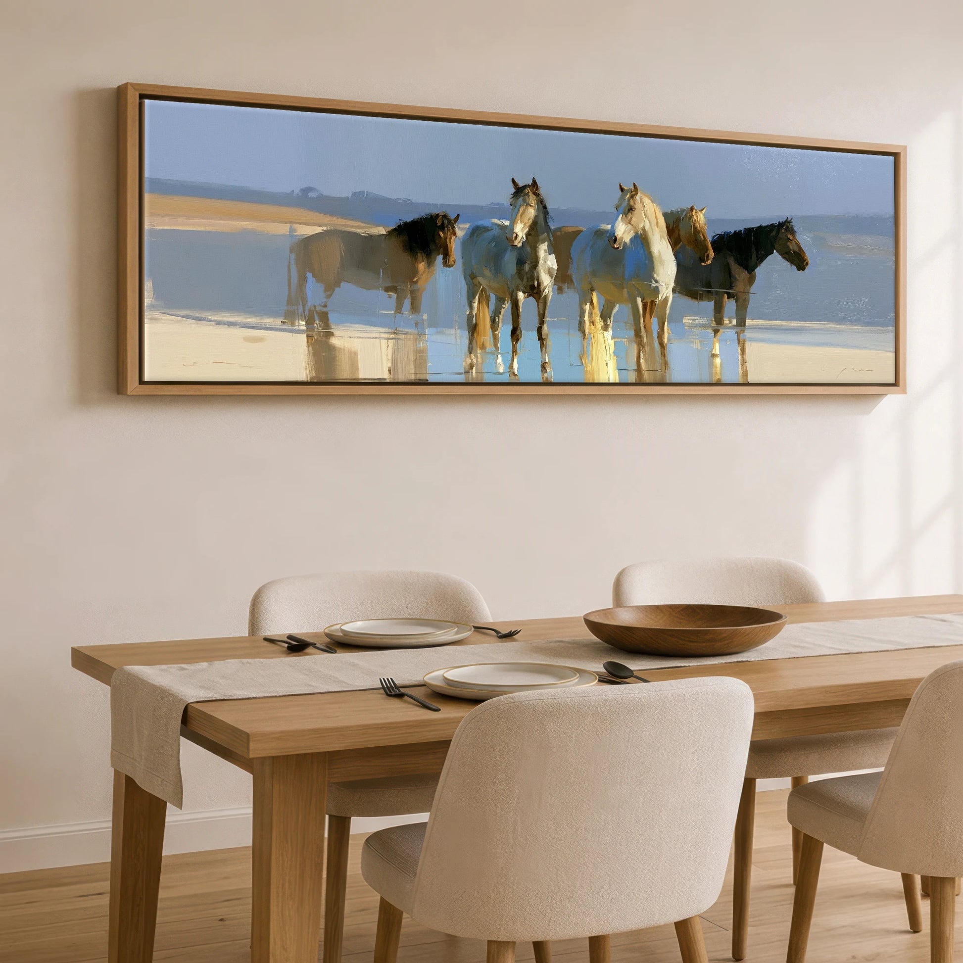 Stillness in the Shallows Horse Landscape panoramic canvas wall art displayed above a dining table