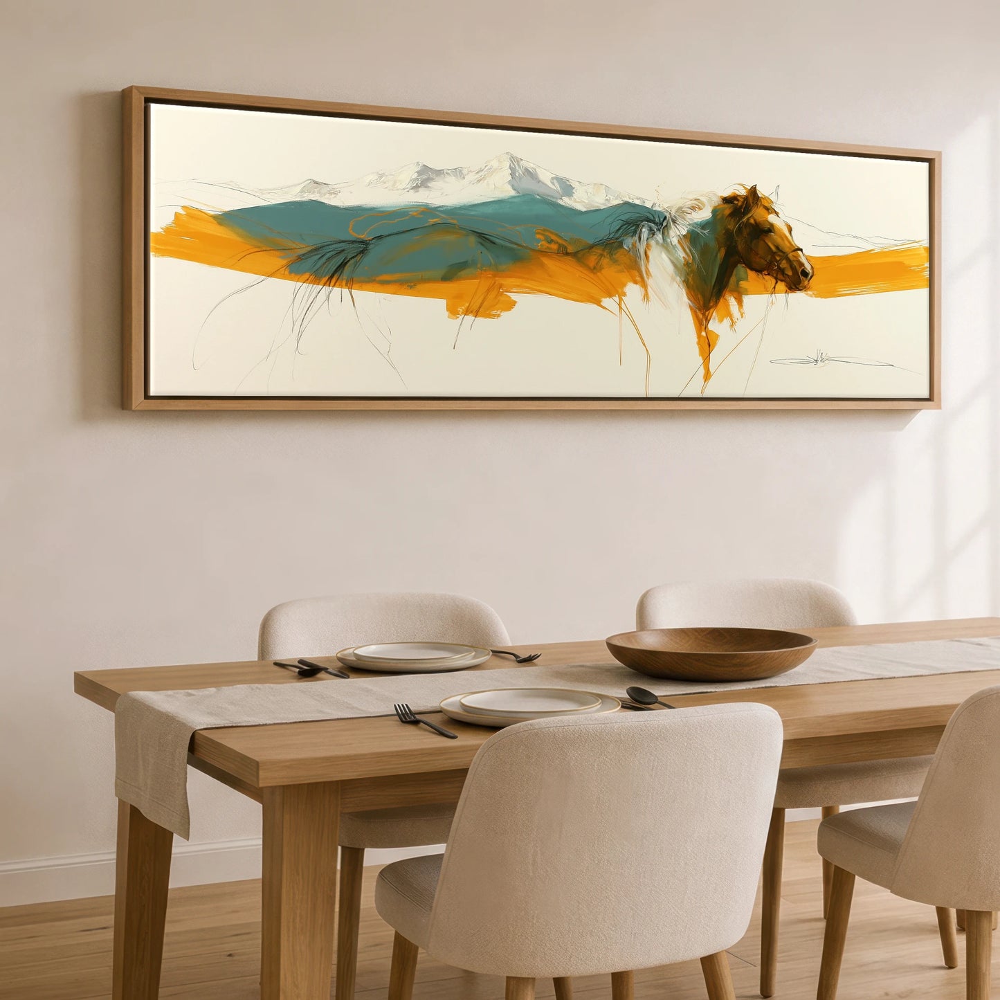 Amber Mountain Horizon Horse Landscape panoramic canvas wall art displayed above a dining table