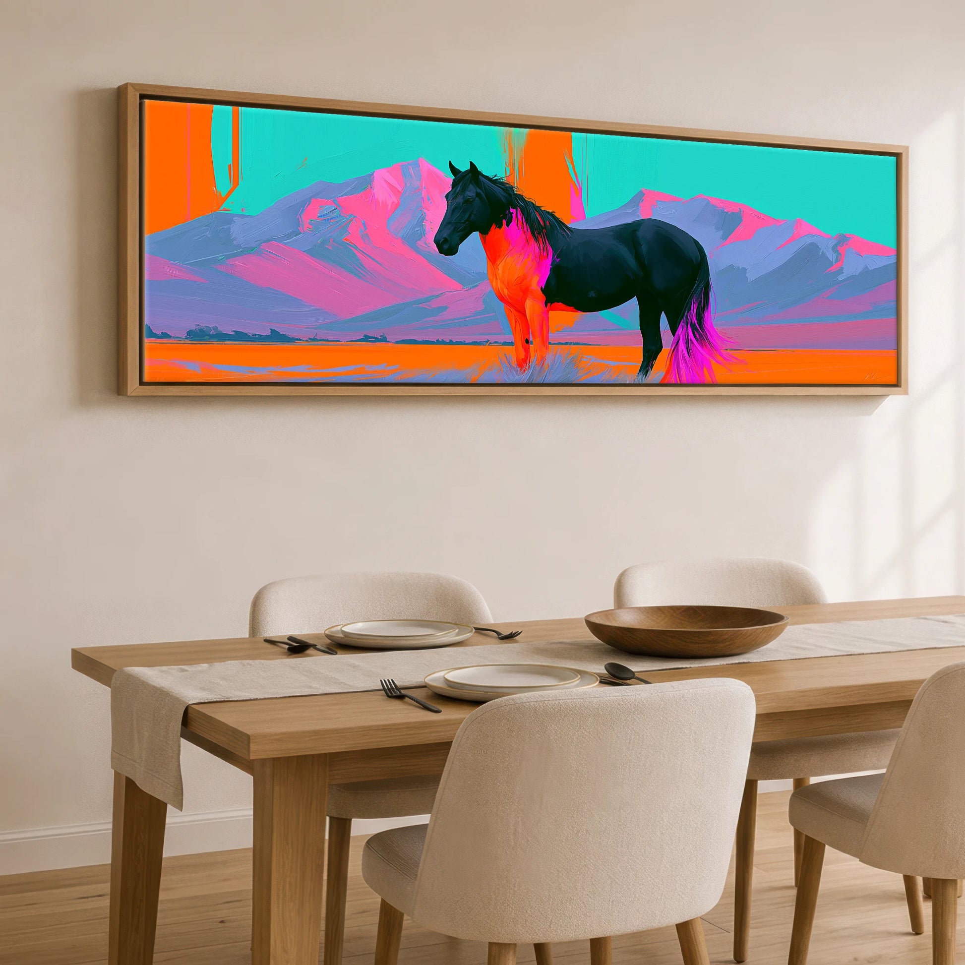Electric Equine Horizon Horse Landscape panoramic canvas wall art displayed above a dining table