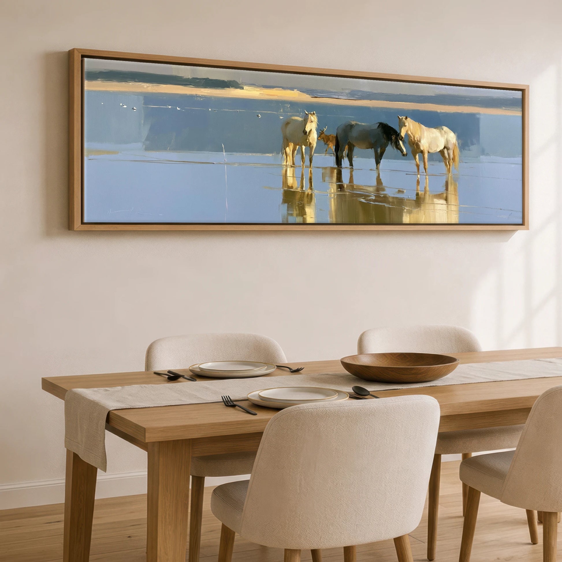 Coastal Reflections Beach Horse panoramic canvas wall art displayed above a dining table