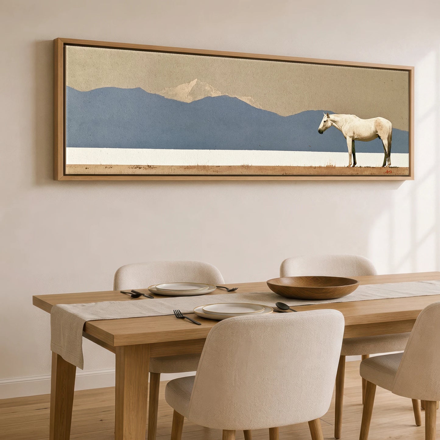 The Quiet Expanse Horse Landscape panoramic canvas wall art displayed above a dining table