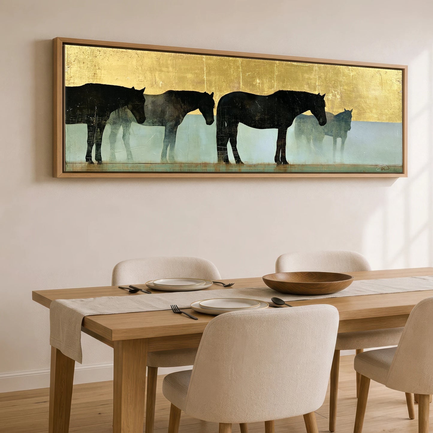 Gilded Equine Shadows Horse Landscape panoramic canvas wall art displayed above a dining table